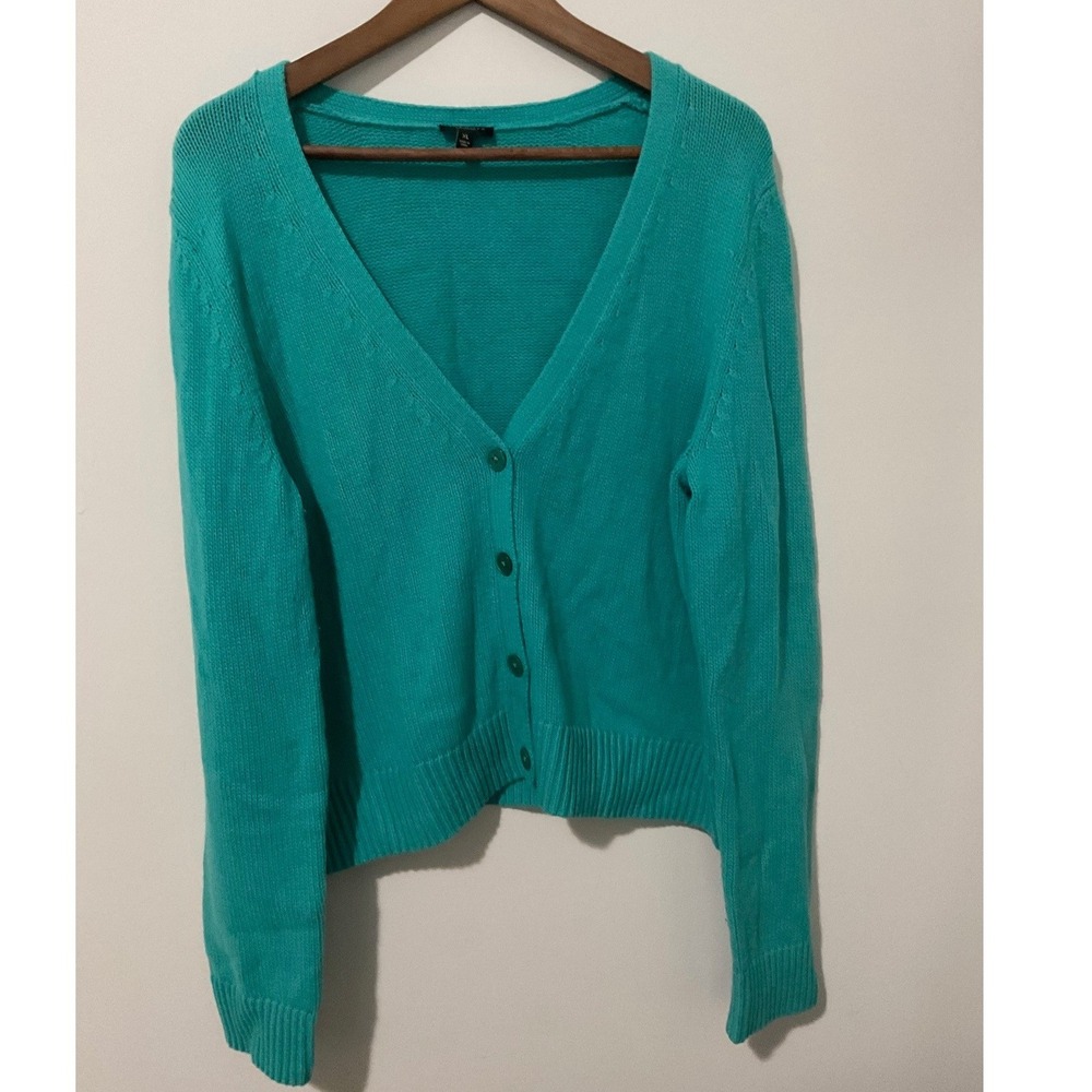 Talbots Womens XL Cardigan Sweater V-Neck Lambswool Blend Teal Turquoise Green